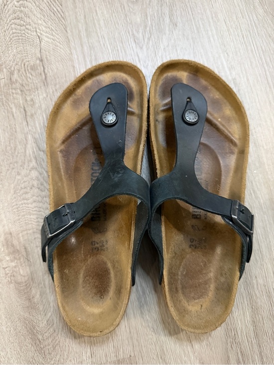 Birkenstock Shoes - Birkenstock Black Leather Thong Sandals with Brown Footbed